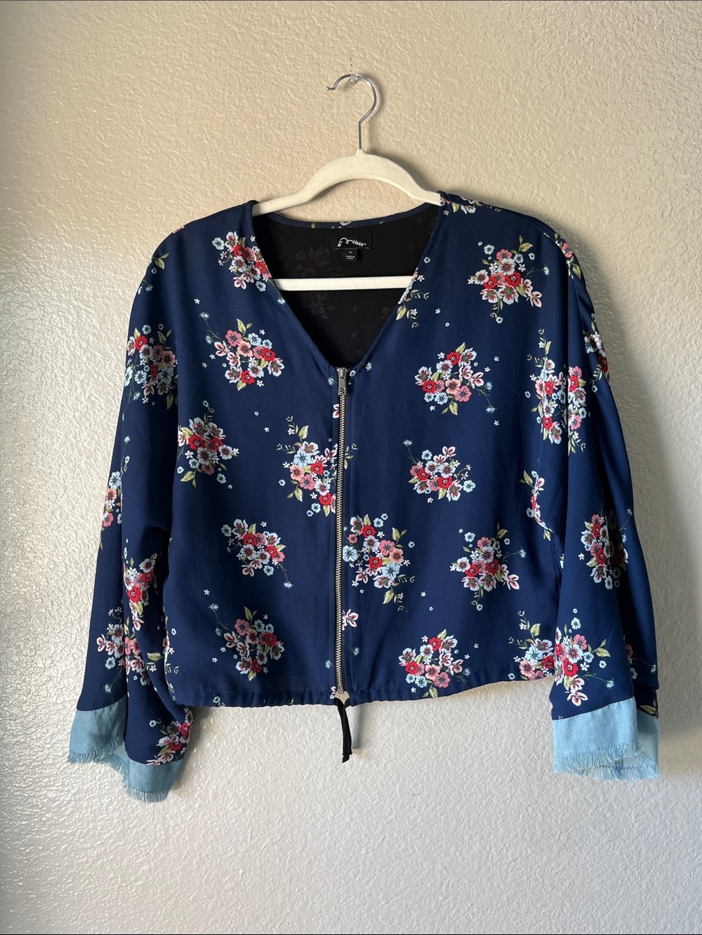 art class Navy Floral Bomber Jacket Sx XL Boho Chic Lightweight Casual Hippie